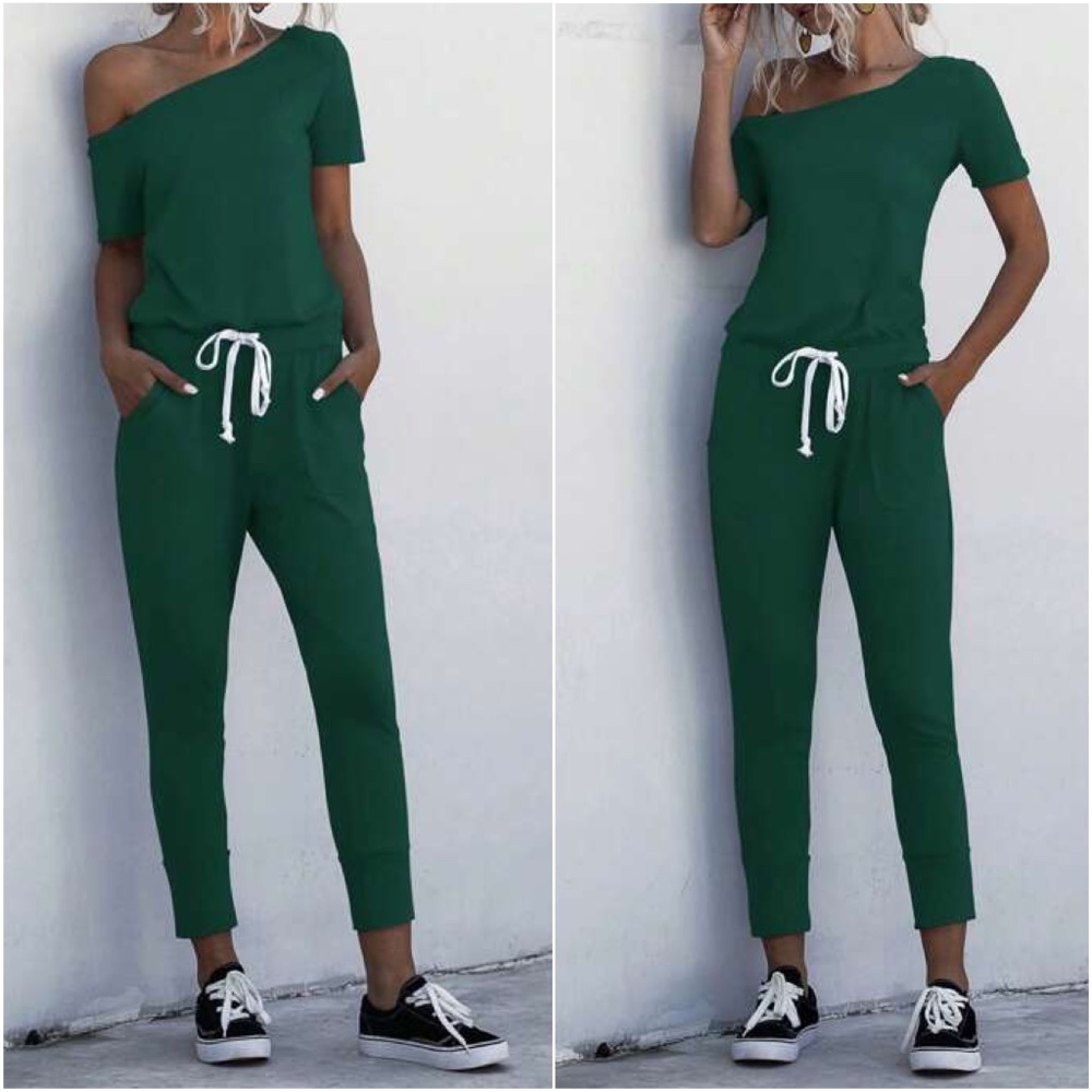 One Shoulder Short Sleeve Pocket Jumpsuit - Picture 3 of 4